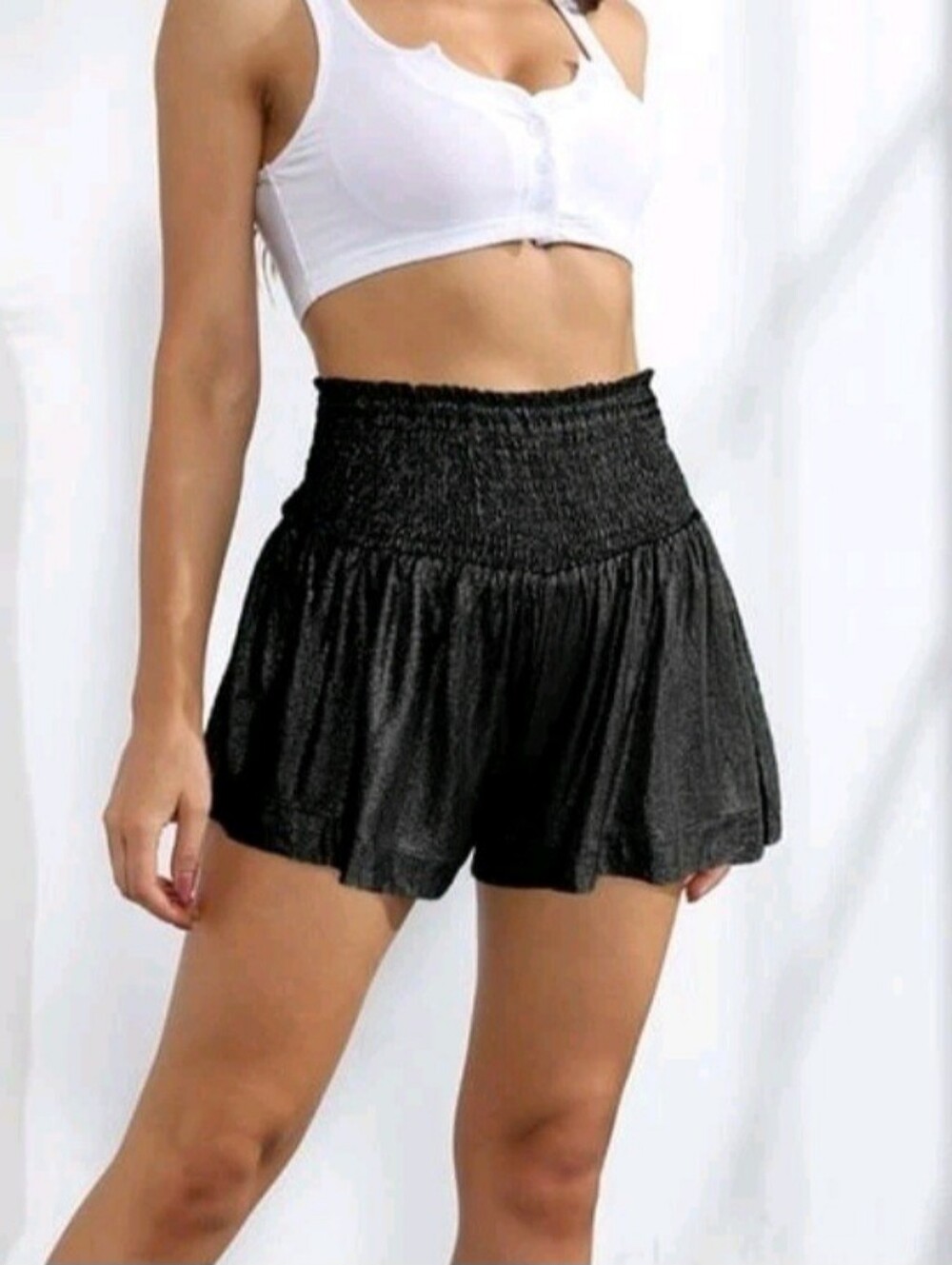 Queen of Sparkles Black Shiny Pleated Metallic High Waist Womens Shorts